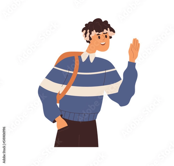 Fototapeta Young student greeting with hi gesture, waving with hand. Happy smiling schoolboy saying hello, standing with backpack. Excited guy from school. Flat vector illustration isolated on white background