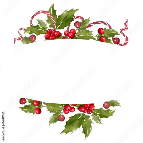 Obraz Christmas frame made of mistletoe and ribbon. Festive decoration