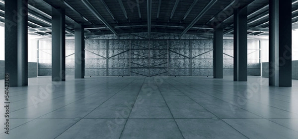 Obraz Grunge Studio Showroom Big Empty Steel Concrete Hangar Warehouse Barn Huge Space DayIight Windows Modern Workshop Car Garage Depot 3D Rendering