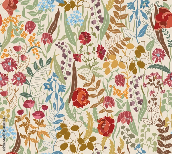 Fototapeta Wildflowers on light background seamless pattern. Vector illustration.