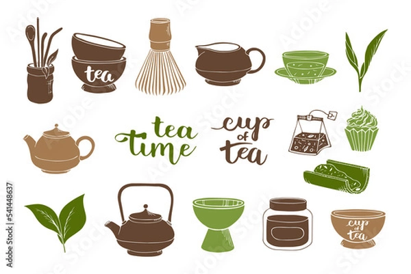 Obraz Tea ceremony vector design elements. Set hand drawn silhouette illustration