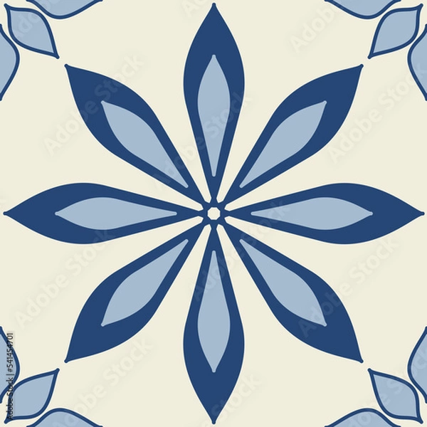 Obraz Blue ceramic tile, flower pattern symmetrical geometric flower, square ceramic tile