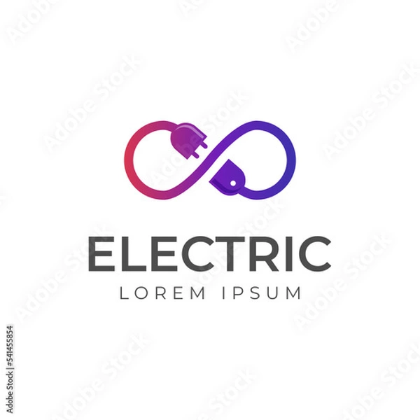 Fototapeta plugin with infinity logo icon design. plug in with cable to connect icon for electric logos