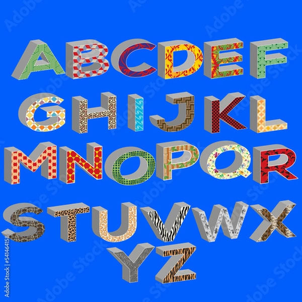 Fototapeta Illustration set of alphabet 3d letters with patterns isolated on blue background.