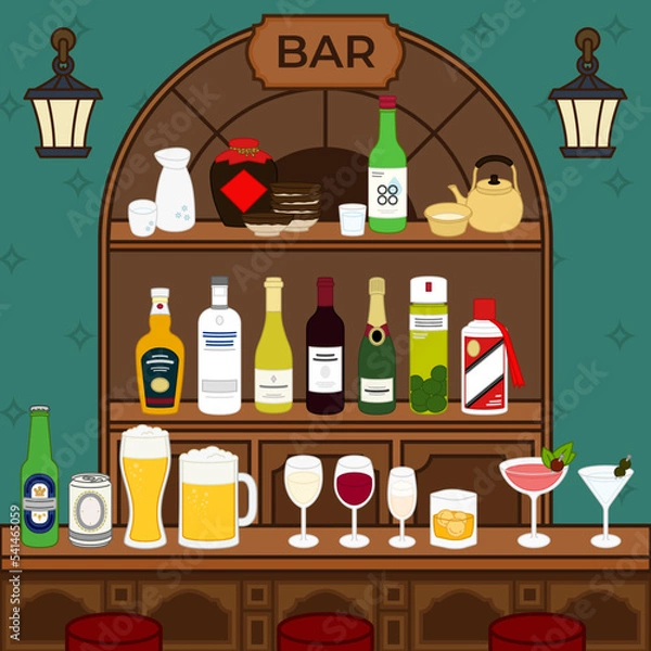 Fototapeta Interior of pub and bar counter with alcohol bottles, cups and glasses on shelves