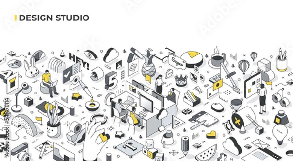 Obraz Design studio or agency concept. Creative team of designers at work. Creative office environment, project visualizations, website and graphic design. Isometric illustration