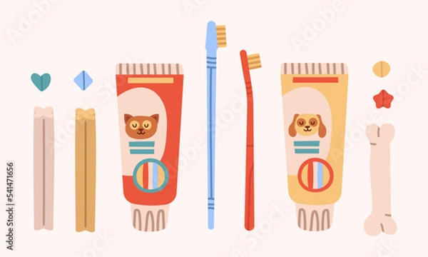 Fototapeta Vector set about cleaning tools. Veterinary kit illustrations. Dog and cat toothpaste, toothbrush, treats, bones. Grooming. Hand drawn Vector isolated icons