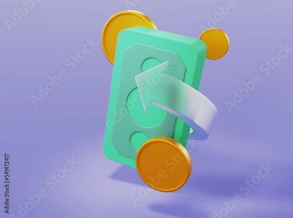 Obraz A stack of money with gold coins with an arrow going around them and rushing up with glass elements on an isolatedbackground 3d rendering	