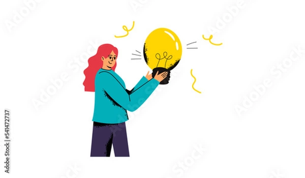 Fototapeta The girl is holding a light bulb in her hands. The concept of a new idea. Vector illustration on a white background