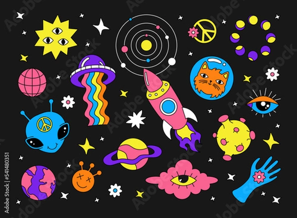 Obraz A set of psychedelic retro stickers. Vintage y2k, UFO, alien, space, rainbow. Hippie style