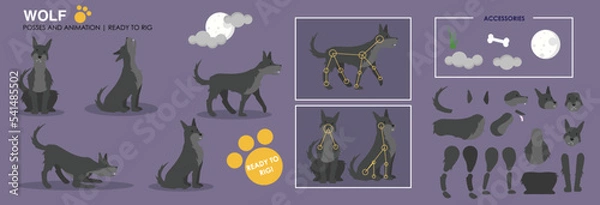 Obraz Spooky halloween wolf character vector ready to rig for animation. Wolf howling at the moon with a range of poses and assets to create your own. Rig ready wolf.