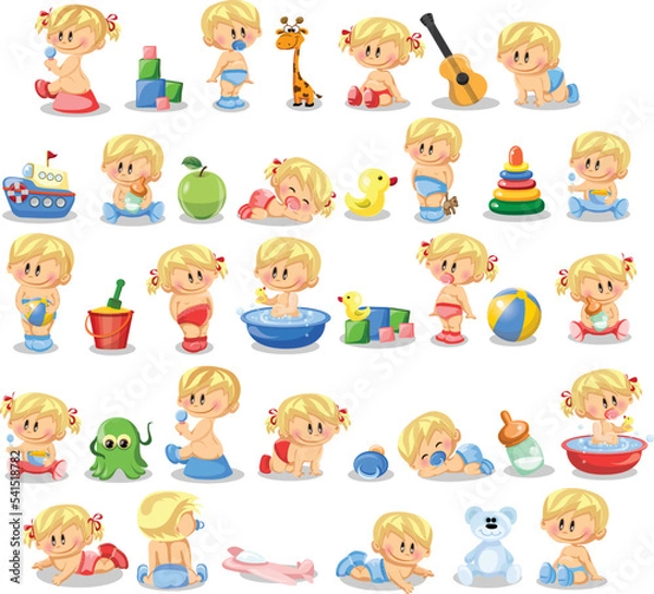 Obraz Set with cute little baby in different situations. Playing, sleeping, sitting, lying, crawling baby. Happy smiling newborn boy or girl