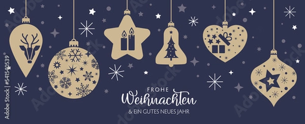 Obraz Frohes Fest - goldene Weihnachtskugeln auf blauem Hintergrund - german text
