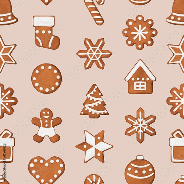 Obraz Gingerbread christmas cookies seamless pattern.  Christmas  cookies gingerbread  watercolor seamless pattern.  