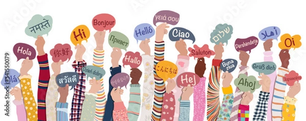 Fototapeta Many hands raised of diverse and multicultural children and teens holding speech bubbles with text -hallo- in various international languages. Diversity kids. Racial equality. Friendship 