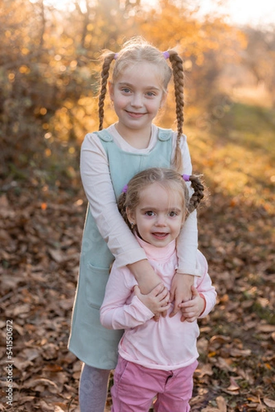 Fototapeta children walk, play, socialize and have fun in the autumn park on a warm sunny day, lifestyle