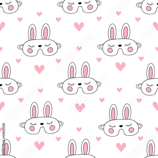 Obraz Bunny sleeping mask, rabbit seamless pattern. Vector Illustration for printing, background, cover and packaging. Image can be used for greeting card, poster and textile. Isolated on white background.