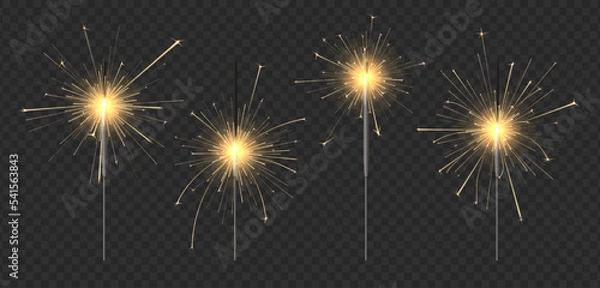 Fototapeta New year sparkler candle. Bengal fire for winter holidays party, gold sparks and glow light effect vector set