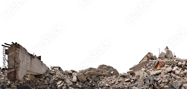 Fototapeta Panorama. A pile of concrete gray debris of a destroyed building with a huge beam in the foreground isolated on a white background