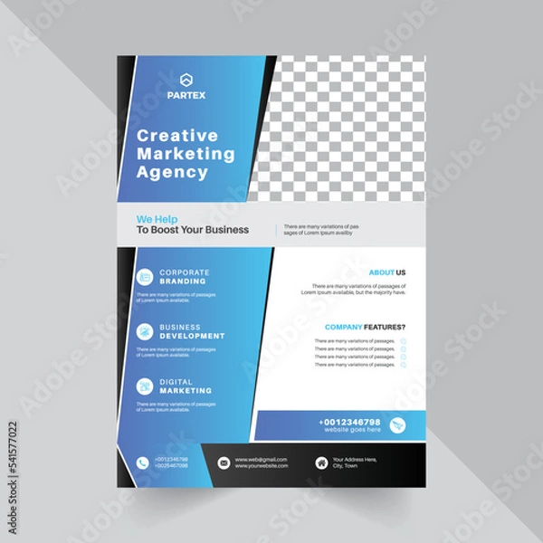 Obraz Flyer Design Template For Agency with blue color abstract gradient shape