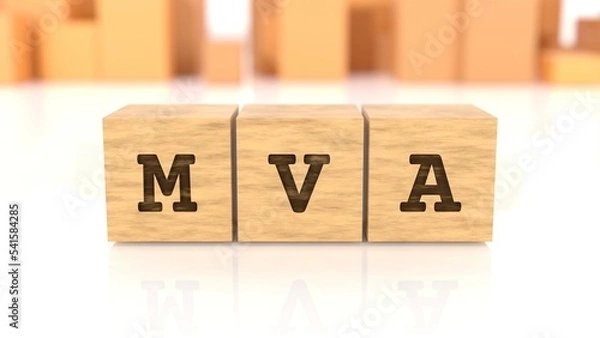 Fototapeta Letters MVA chiselled on wooden blocks reflected on the shiny surface. Business concept. In the back are wooden cuboids in many different shapes. (3D rendering)