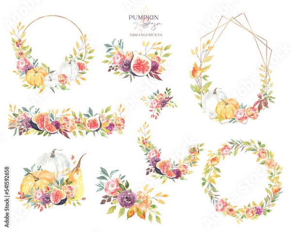 Fototapeta Watercolor pumpkin autumn frame, border, wreath, banner, bouquet, gold,bronze frame, polygonal geometry arrangement. Fall wedding stationery, invitation card, suite, rsvp ,greeting card diy set