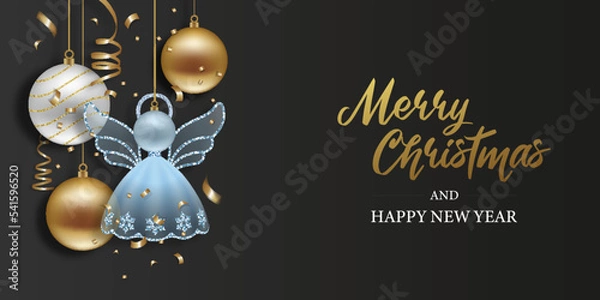 Fototapeta Christmas banner with christmas decorations, streamers and confetti. christmas greeting card with angel shaped decoration