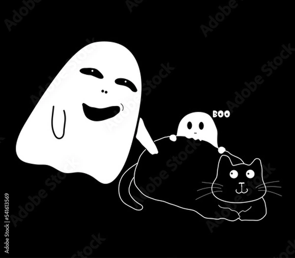 Fototapeta halloween ghost cartoon Cartoon image of two cute little ghosts waking a sleeping black cat Vector drawing idea for sticker idea, t-shirt, print, decoration and website.
