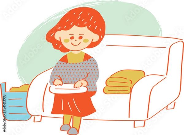 Obraz 洗濯物をたたむ女性のイラスト