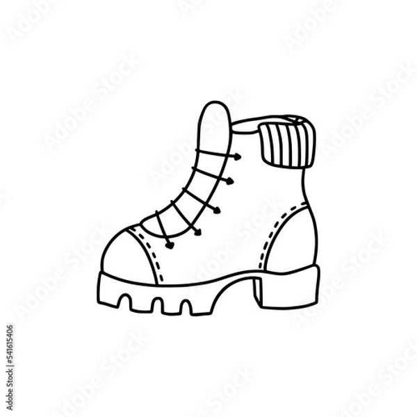 Fototapeta Hiking boot in the style of doodles. Isolated on a white background. Vector illustration.