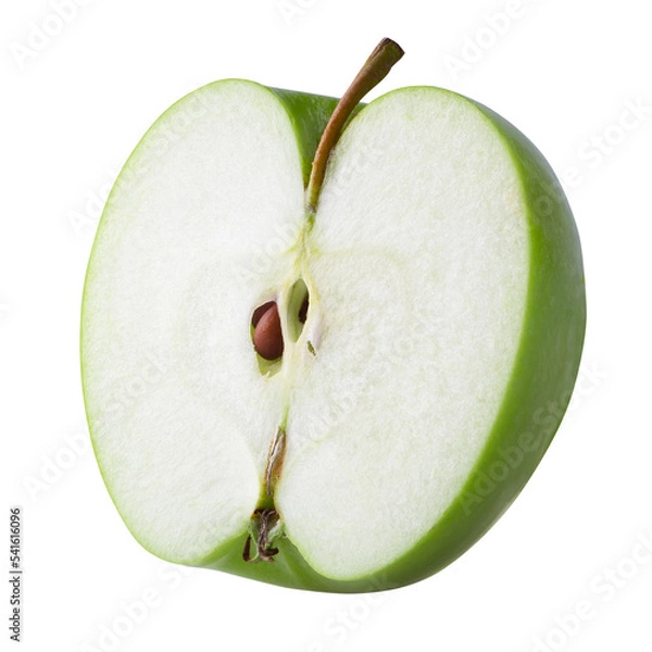 Fototapeta Green apple with green leaf and cut slice with seed isolated on transparent background