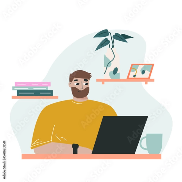 Fototapeta Man sits at a table, works at home at a computer. The concept of freelancing and remote work. Flat vector illustration