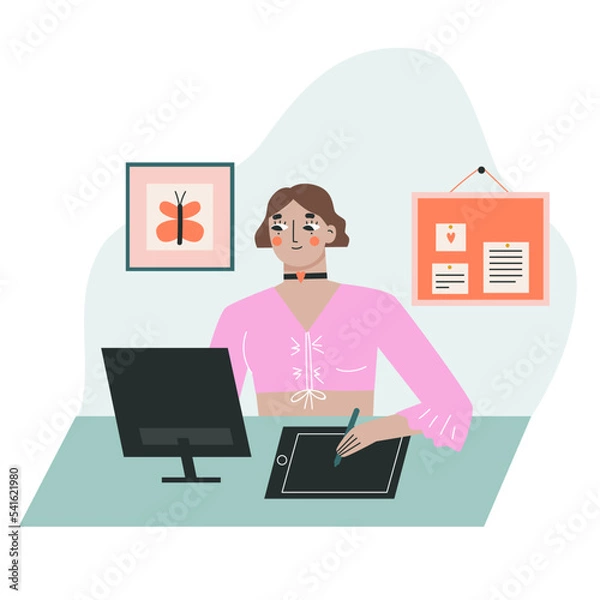 Fototapeta Woman drawing on graphics tablet. The concept of freelancing and remote work. Vector illustration