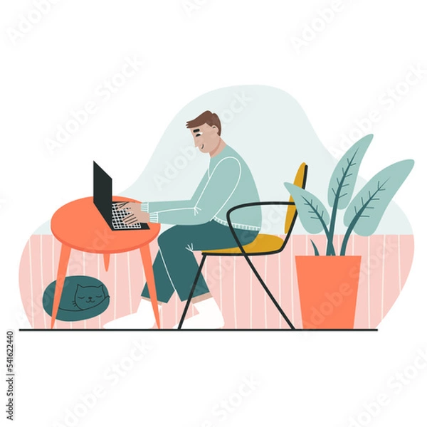 Fototapeta Freelance man working on a laptop at home. The concept of freelancing and remote work. Flat vector illustration. 