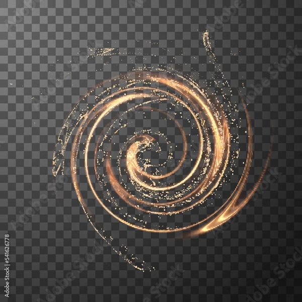 Fototapeta Golden shiny spiral line effect with magic dust particles effect flying around. Vector eps background.