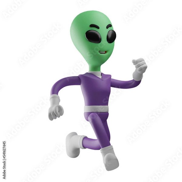 Fototapeta 3D illustration. Alien 3D characters run fast. with a running pose. Shows a cute laughing expression. 3D Cartoon Character