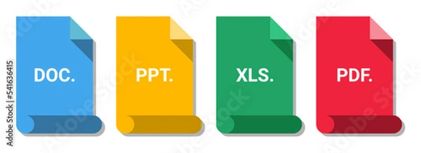 Fototapeta Vector of document file format. Doc icon,ppt icon,xls icon and pdf icon. Portabel document format. Digital spreadsheet document. Presentation document.