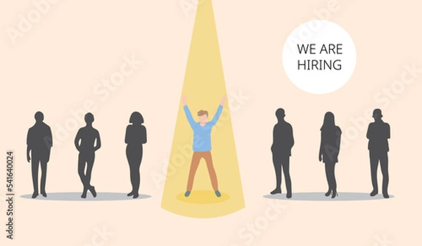 Fototapeta The concept of personnel selection for recruitment banner, social media and hiring poster. Company looking for new employees of the team with words we're hiring.