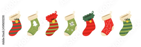Fototapeta Set, collection of cute decorated christmas socks, christmas stocking, sock-shaped bags for winter holidays design.
