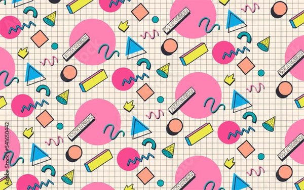 Fototapeta Vector pattern 80s. Abstract geometric shapes Background. Retro vintage Memphis design.