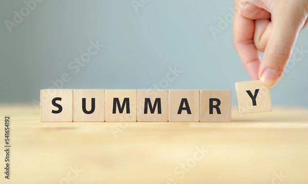 Fototapeta Summary text on wooden cube blocks. Past performance analysis for learning and  improvement. Preparation for business plan and strategy development. Meeting, working, project summary report.