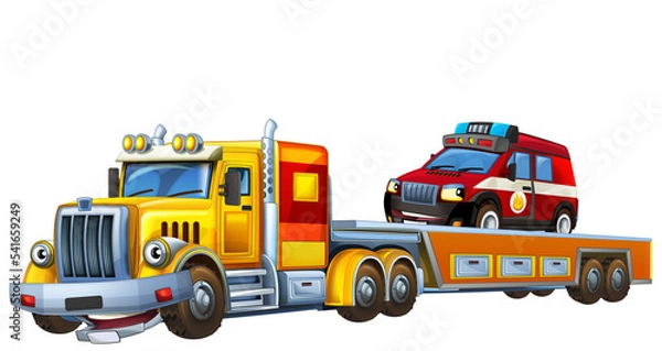 Fototapeta cartoon tow truck driving with other car fireman