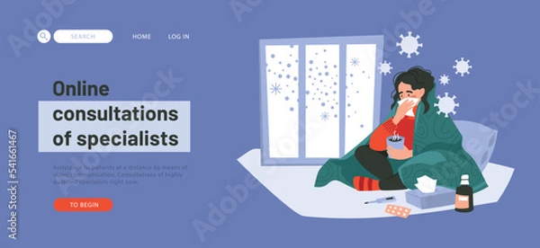 Obraz The girl is ill, sits wrapped in a blanket, has a runny nose. Viruses, diseases and medicines. Vector image.