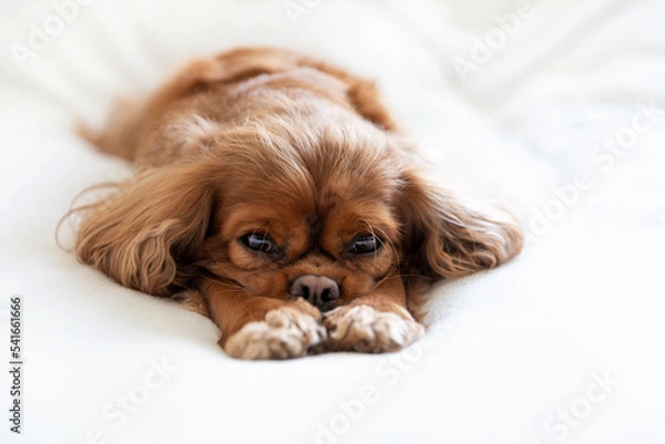 Obraz Cavalier spaniel napping on the white blanket