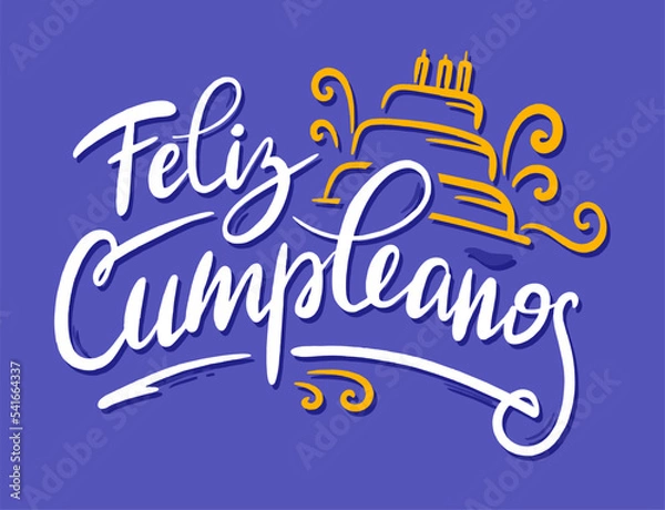 Obraz Happy birthday in Spain.  Lettering in Spanish with cake and curlicues. Vector illustration
