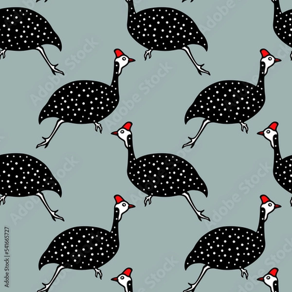 Fototapeta Vector seamless pattern with hand drawn running helmeted guinea fowls made in cartoon style. Ink drawing, graphic illustration, heavy contour. Beautiful design elements, perfect for prints