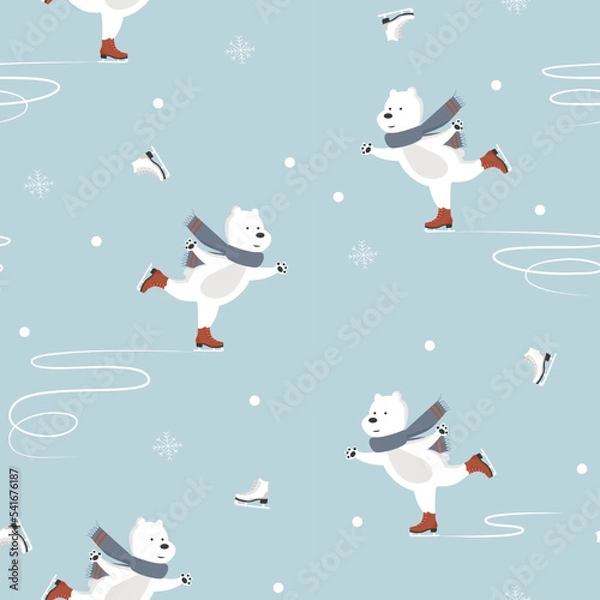 Obraz Bear ice skater with snowflakes seamless pattern