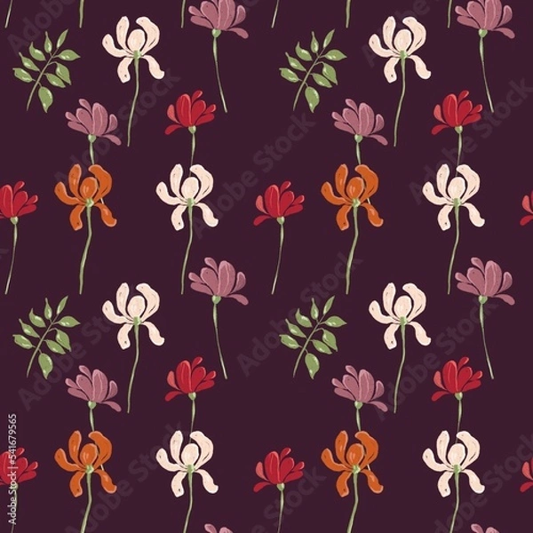 Fototapeta seamless background of floral elements in pink white orange red color scheme on a burgundy background