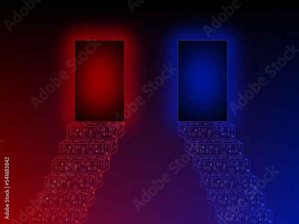 Obraz Tunnels in the ends of 2 stairs blue and red from binary code. Science fiction illustration of choice. Neon portal to virtual reality. Glowing effect
