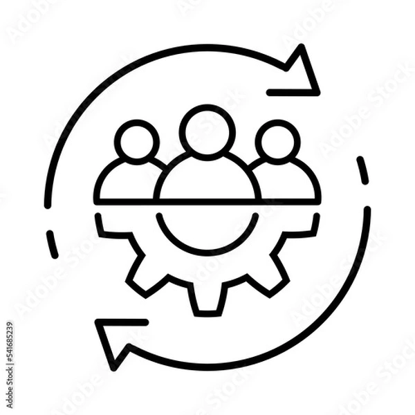 Obraz Teamwork thin line icon in flat style. Team and gear symbol with arrows isolated on white. Leadership concept. Vector group of people icon. Simple teamwork abstract icon in black. Vector illustration